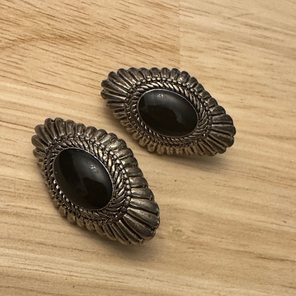 Silver Toned and Black Clip-On Earrings